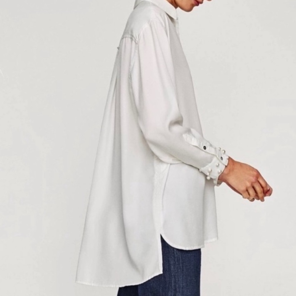 Zara Basic Pearl Cuff Lyocell Oversized Pocket Front Collared Shirt in Off-White